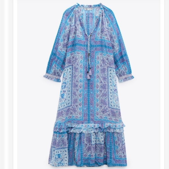 Zara * Printed Blue Maxi Midi Flowy Boho Dress - Picture 4 of 12